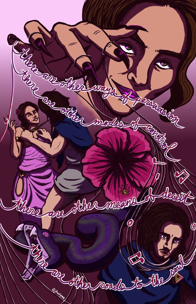 A comic depicting the scene in EPIC: The Musical when Circe charms Odysseus in "There Are Other Ways." Circe uses her puppet strings, which transition into musical staffs, to manipulate Odysseus. Her strings also form the lyrics of the song and twist around the page. A striking purple snake slithers out from under a pink hibiscus. 