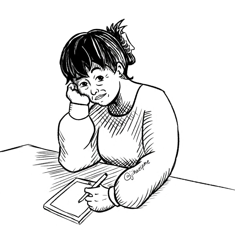 A digital ink drawing of my OC Aphrodite, a middle-aged Asian woman, smirking and raising an eyebrow at the viewer and writing on a tablet.