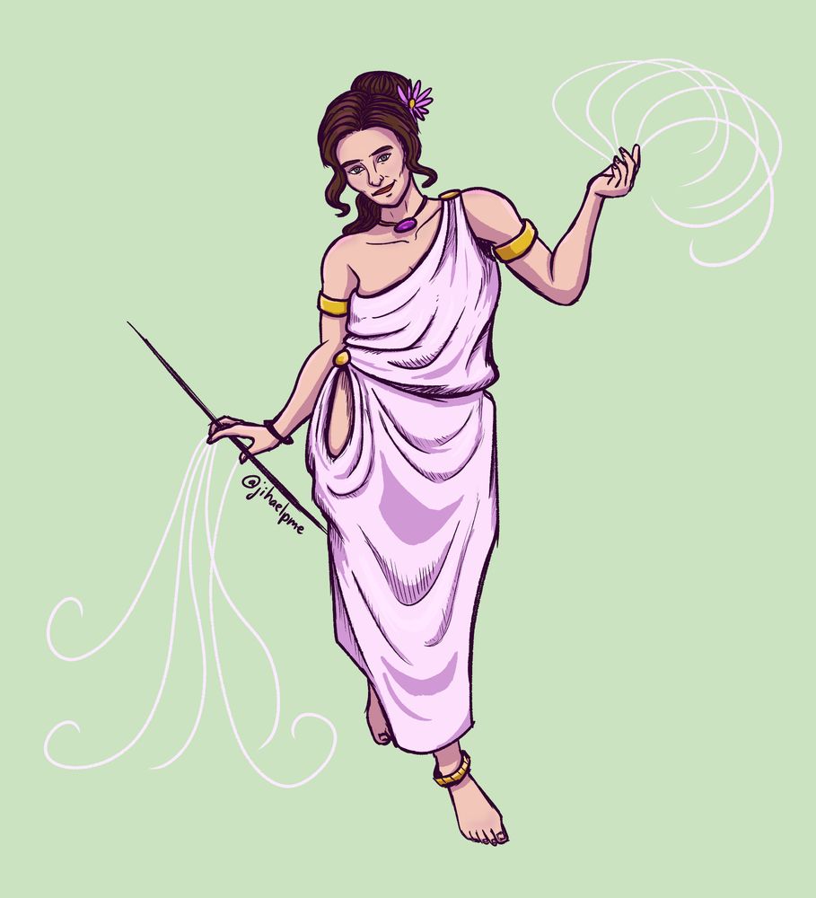 A digital drawing of Circe from EPIC: The Musical walking innocently towards the viewer while puppet strings dangle from her fingers and she holds a magic wand. Her face is meant to resemble actor Talya Sindel and she is smiling with her head held at an angle. She is wearing a pink Greek-inspired dress and golden jewelry.