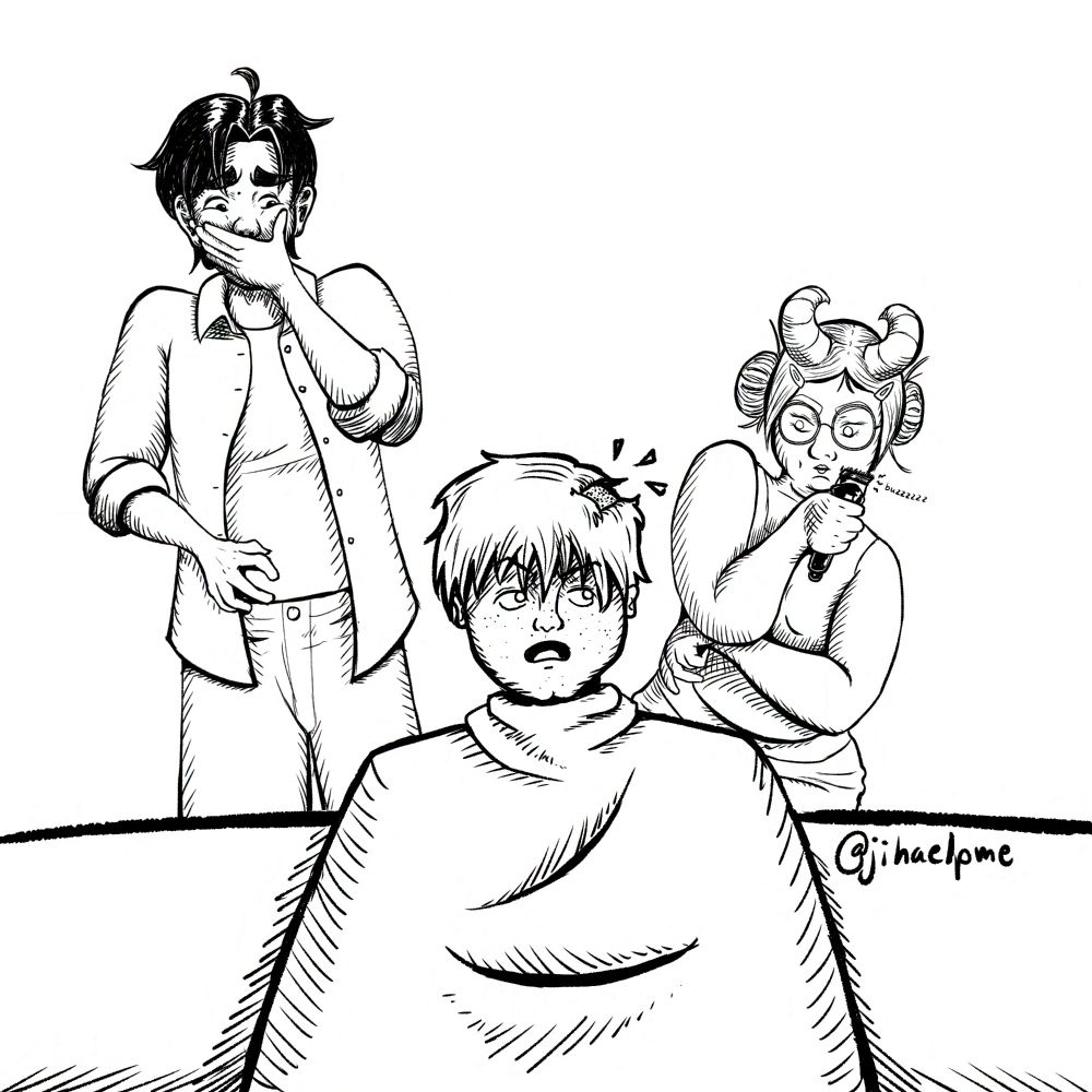 A digital ink drawing of my three OCs. In the foreground, Gar is wrapped in a sheet getting a haircut and has had a bald spot shaved accidentally onto his head. In the background, Ducky and Tu are cringing at this development. Tu is holding a buzzing razor.