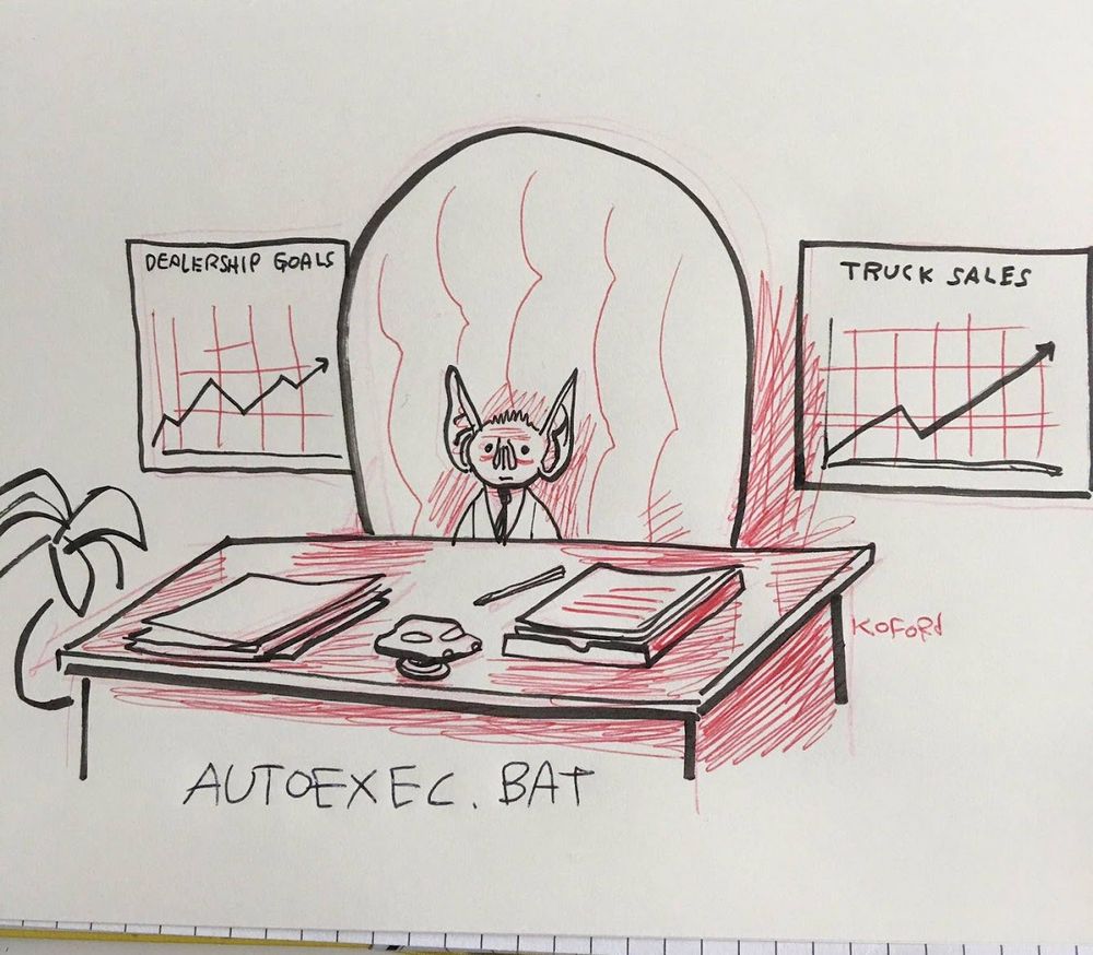 Drawing of an office with a bat in the CEO's chair. The caption says "autoexec.bat"