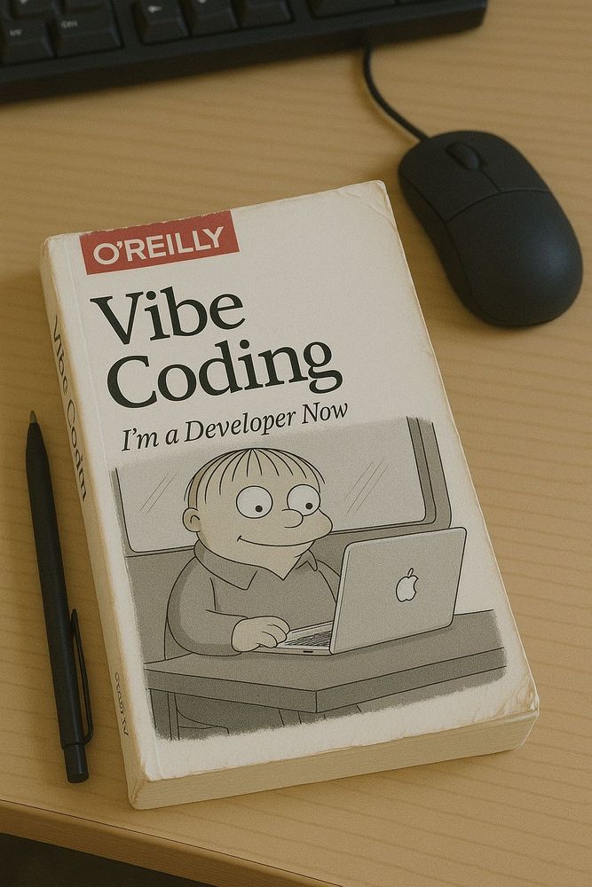 A fake book called "Vibe Coding" and the subtext says "I'm a developer now" and it shows Ralph Wiggums from the Simpsons on the cover.