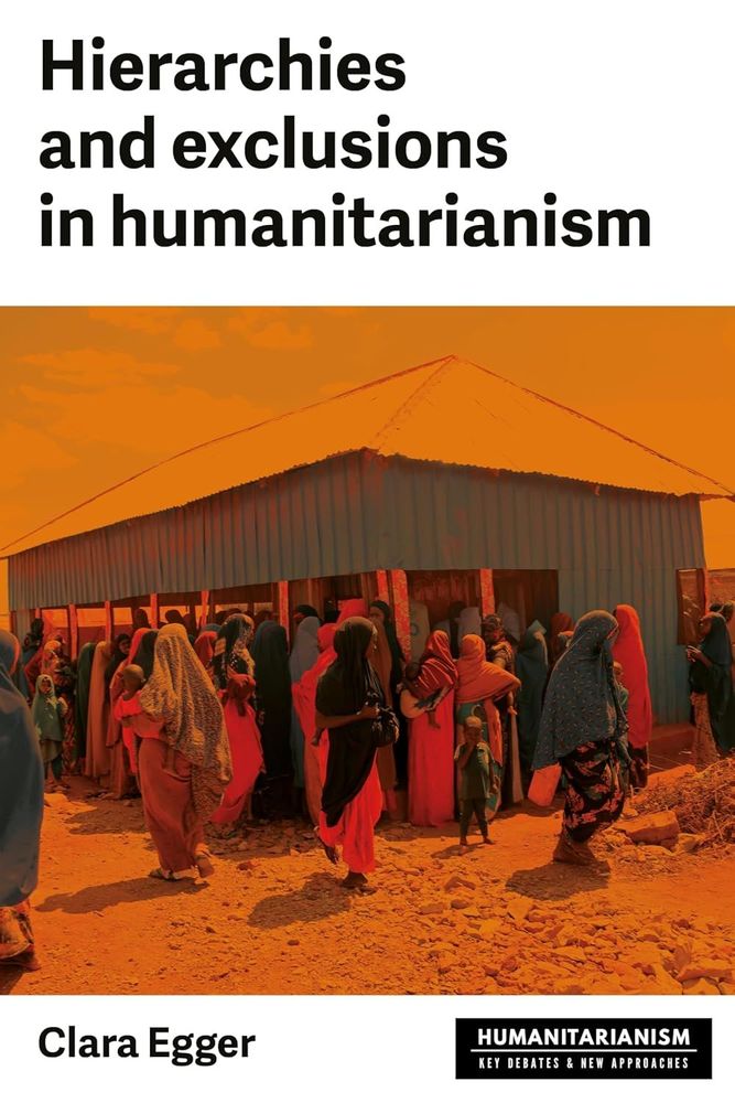 Book cover showing people queuing for humanitarian aid outside a structure