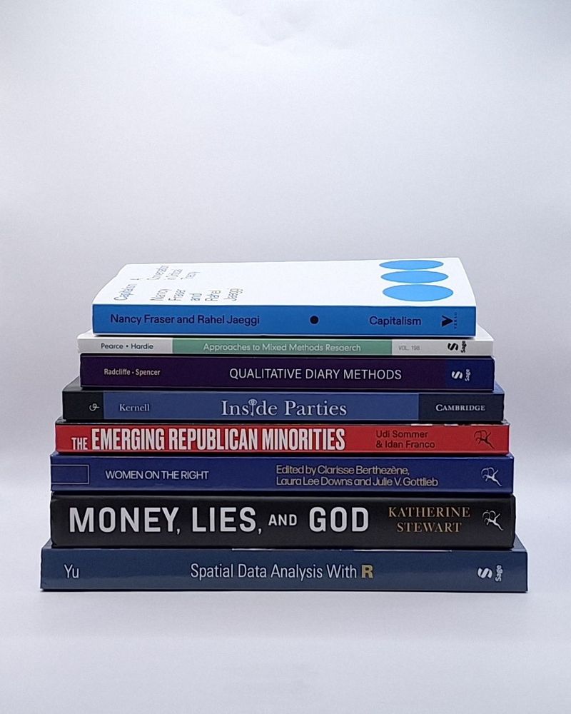 A stack of new books added to Nuffield College Library.
They are:
Capitalism by Nancy Fraser and Rahel Jaeggi
Approaches to mixed methods research by Lisa D. Pearce and Jessica Halliday Hardie
Qualitative diary methods by Laura Radcliffe and Leighann Spencer
Inside parties by Georgia Kernell
The emerging Republican minorities by Udi Sommer and Idan Franco
Women on the right edited by Clarisse Berthezène, Laura Lee Downs and Julie V. Gottlieb
Money, lies, and God by Katherine Stewart
Spatial data analysis with R by Danlin Yu