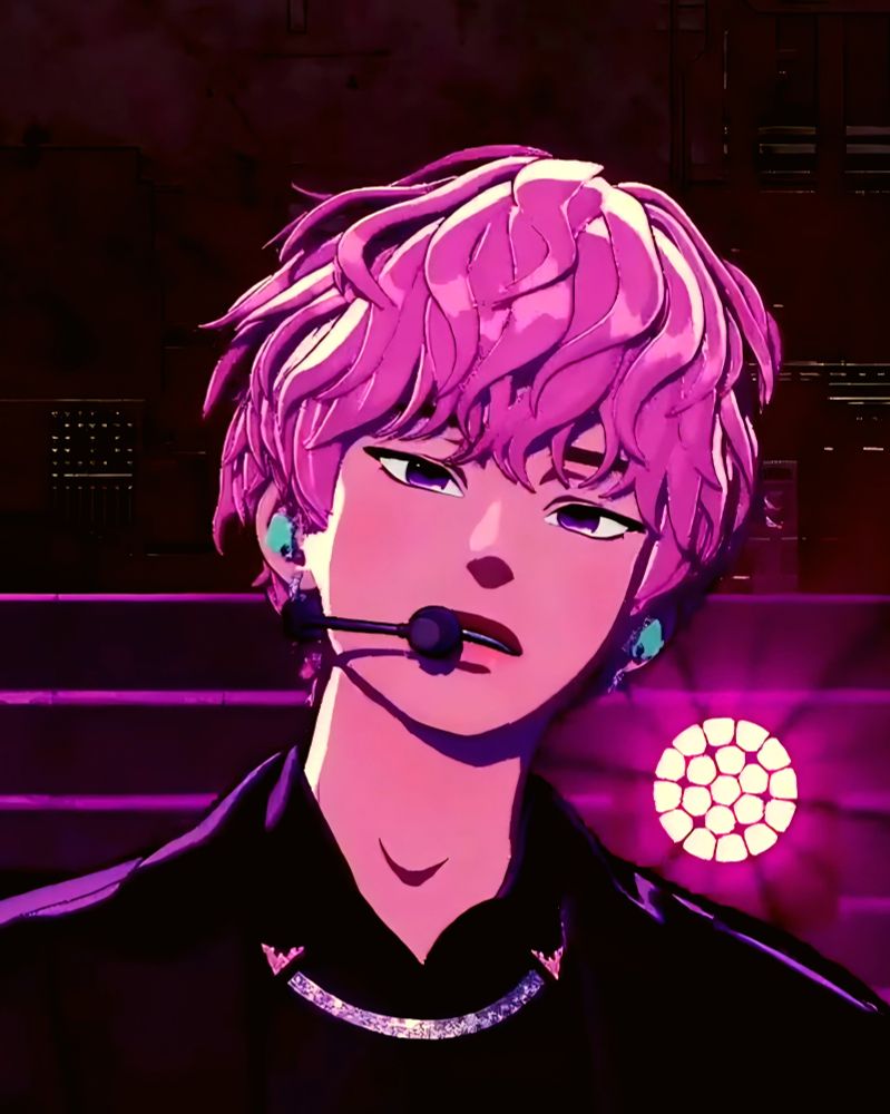 Bamby in an all black suit with a silver chain. His hair is styled wavy. There is s bright light shining behind him, giving everything a pink glow.