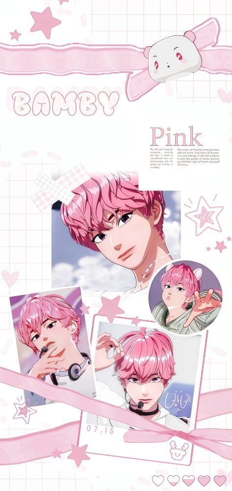 White and pastel pink themed background with 4 pictures of Bamby