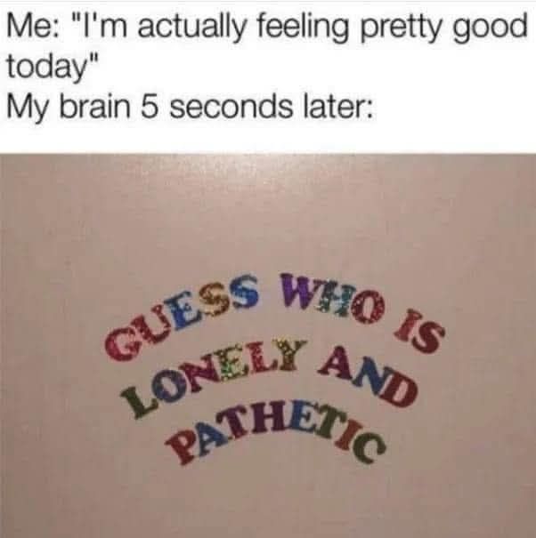 Me: "I'm actually feeling pretty good today."
My brain 5 seconds later: "Guess who is lonely and pathetic."