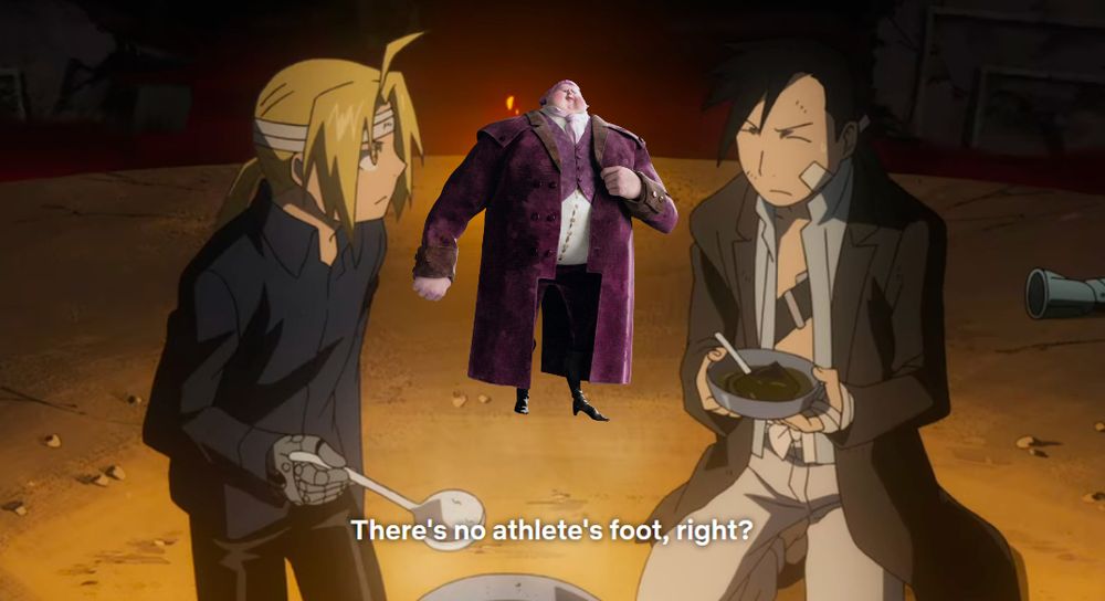 Screenshot from the episode of Full Metal Alchemist Brotherhood of Edward and Pride in Gluttony's Belly, but with the photoshopped presence of Little Jack Horner from the movie Puss in Boots 2: The Last Wish