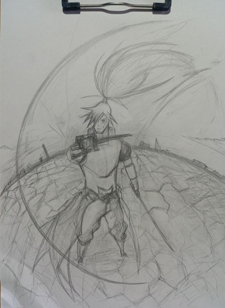 Shijima, um dos vilões centrais da história.  Na arte, o espadachim segura uma Tanto em sua mão direita e a esquerda carrega sua Katana. A movimentação da lâmina gera um efeito similar a Lua, simbologia forte do personagem.