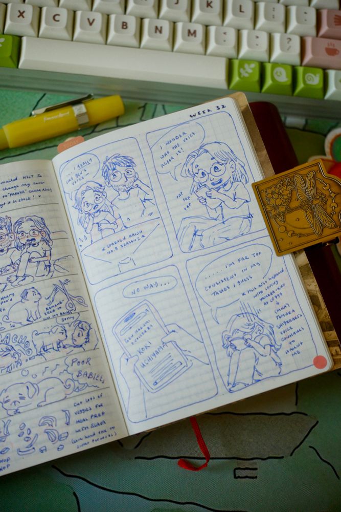 Photo of a weekly journal spread with a larger comic about a main highlight of the week; my shock from finding out the voice actor for Narumi Gen from Kaiju No. 8 is the same voice actor for Shigaraki Tomura from MHA (my taste in voices is too consistent for my liking LOL)