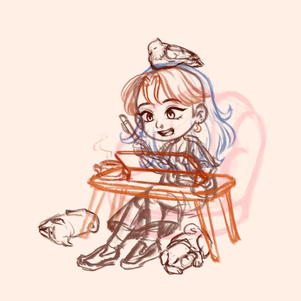Digital work-in-progress sketch of myself as a PNGtuber, sitting and drawing on my tablet while my two pugs and pet pigeon relax and snooze around me. 
Different parts are sketched in different colors to signify separate features to be drawn individually to set up for rigging later.