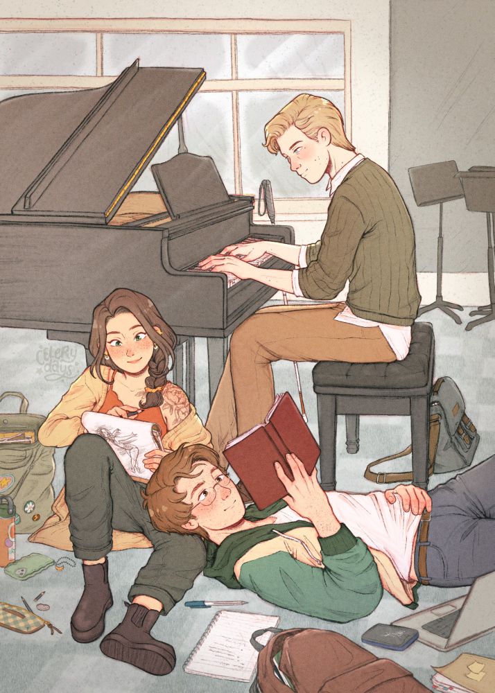 Hogwarts Legacy fanart depicting MC, Ominis Gaunt, and Sebastian Sallow as modern day university students. They are in a music room; Ominis is a music student and is playing the piano while MC and Sebastian lounge on the floor beside him. MC is an art student and is sketching in her drawing pad and Sebastian is a medical engineering student, studying his book with his head lying on MC’s lap. There are various study supplies, art tools, and bags scattered around them on the floor. They’re a relaxed group of friends having a cozy, typical study day together.