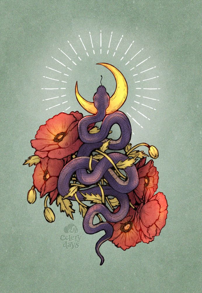 Centered around themes of transformation and rebirth; a snake, surrounded by poppy flowers, twists its way towards a waxing crescent moon.

The symbolism:
🐍 Snake – with the shedding of their skin, snakes are a reminder of letting go and releasing the old to embrace the new
🌹 Poppy flowers – having bloomed in the wake of battlefields, poppies are a symbol of death and a reminder of the fragile ephemerality of all things, but also serve as a symbol of hope, rebirth, and healing after a period of strife
🌒 Waxing crescent moon – the beginning of a new phase, after the darkness of a new moon, waxing crescents are a time for new beginnings, to plant seeds, and set intentions
