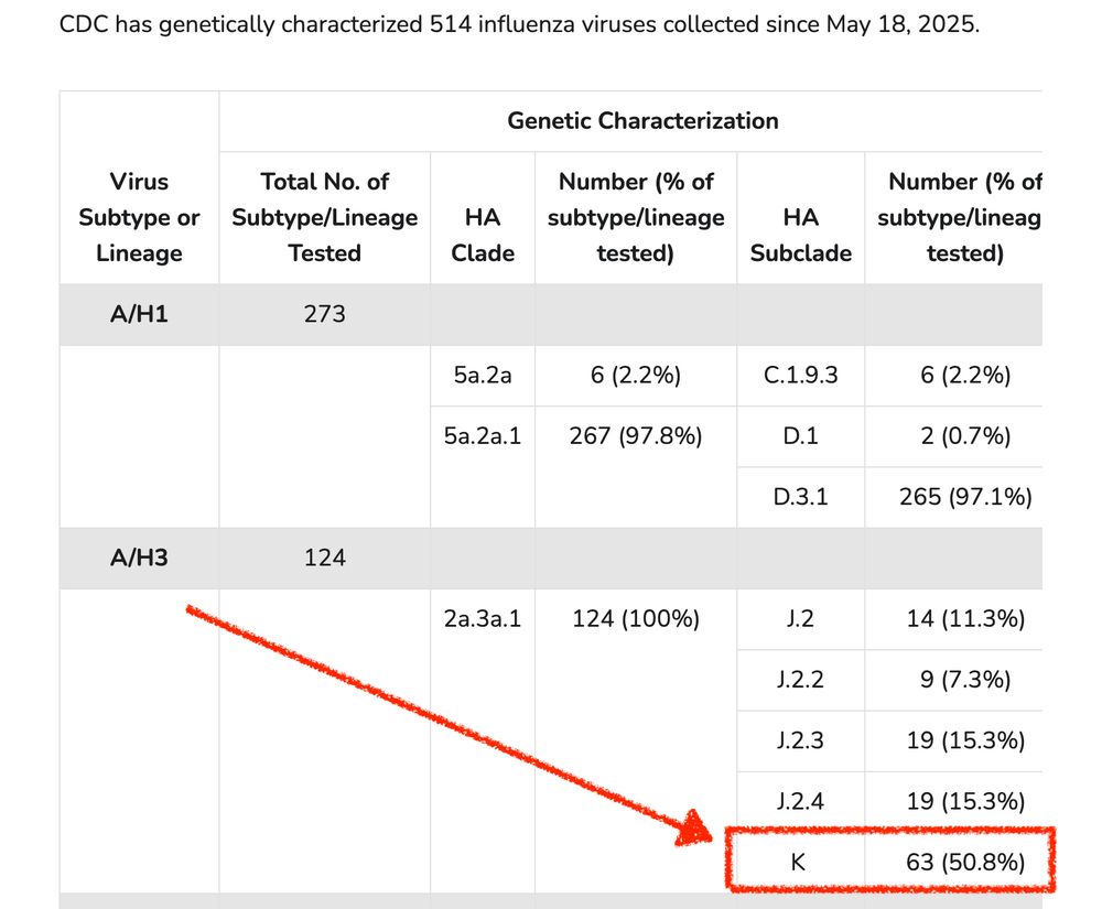 Figure shows a table with a red arrow pointing to a red box around the viral characterization results that showed K variant. 63 subtyped viruses were K representing 50.8% of the H3 viruses subtyped.