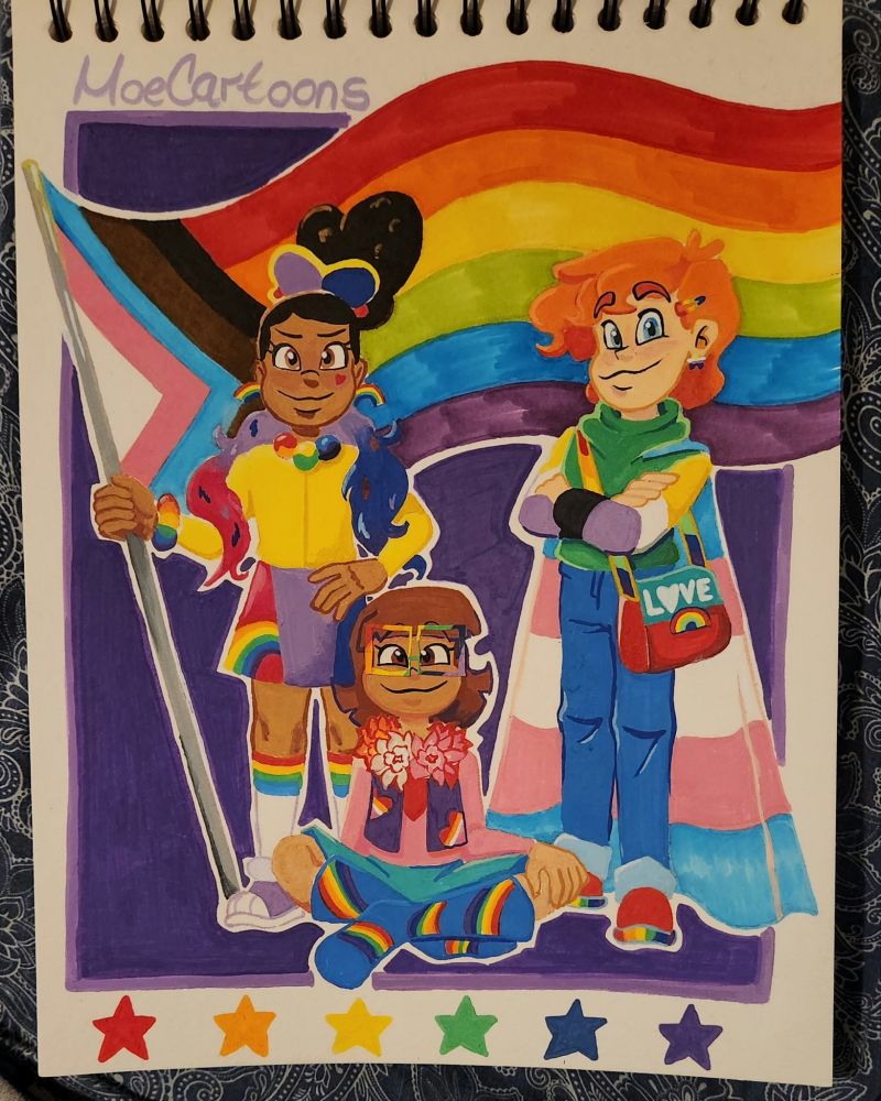 Traditional art of the three kids for Cyberchase in celebration of Pride Month. The piece is done mostly in Acrylic Markers. A progressive Pride flag takes up the top half of the piece, flying behind the trio. It's held on a pole by Jackie to the left. She wears her usual outfit with the following changes: Bi colored hair scrunchie, Rainbow shaped earrings, rainbow colored necklace, bi colored feather boa, rainbow bracelet, bi colored skirt with rainbow in the corner, and high white socks with rainbow border. She stands confidentally with her free hand on her hip. Inez sits criss-cross on the floor in front of Jackie and Matt. Her glasses are rainbow colored, and she wears a lesbian colored flower necklace, heart on her pink shirt, lesbian colored hearts on her purple vest, and her blue boots with rainbow stripes going around them. Matt stands confidentally to the right with his arms crossed. He has a rainbow hair clip, nonbinary star earring, a trans flag drapes over his shoulders, his usual backpack is replaced by a messenger bag of the same colors with rainbow straps and Love written with a heart, and his red shoes have rainbow trimming on the bottom. The background is smaller than the page this is drawn on, dark purple, and goes around the trio, giving them a white border. There are six stars below everything in the rainbow order. Happy Pride! 