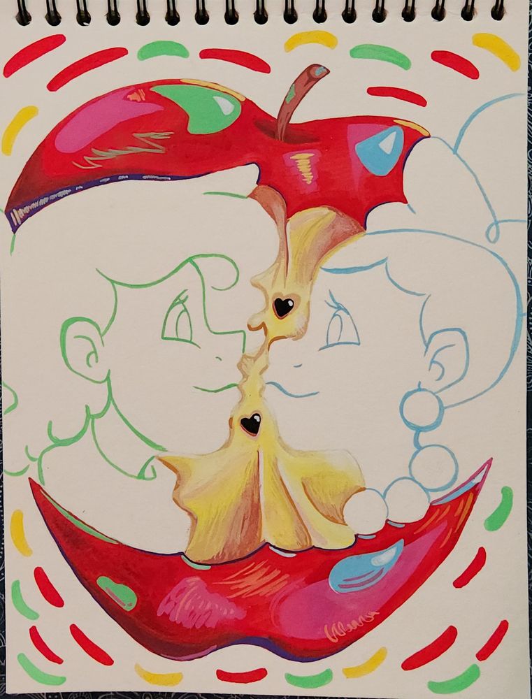 Photo of art on a sketchbook page done in Acrylic Markers. The art is of the current Apple Trend, where an apple core is created by two character side profiles carving into said apple. The two characters here are Matt and Jackie from Cyberchase on PBS kids. They are drawn in green and blue respectively and smile at one another. Their faces create a very skinny apple core. It is painted with all shades of yellow and brown with two little seeds in the shape of hearts. The top and bottom of the apple is still partially unbitten and colored not only in red but highlighted with green and blue as well like the lovebirds. 