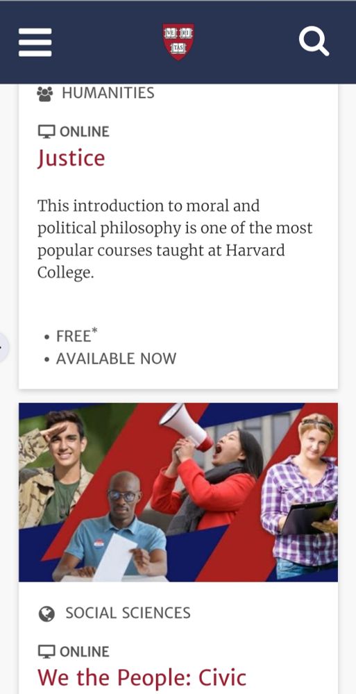 A screenshot of the Harvard  free classes link showing a Justice class.
