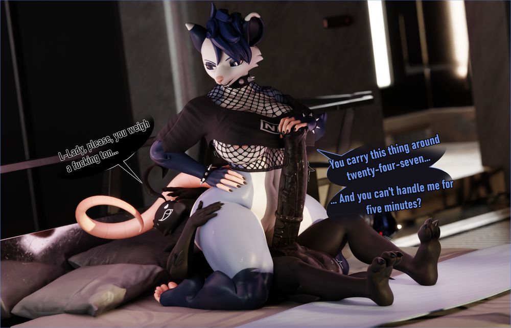 A 3D render made in Blender using Cycles, showing a big fuckin Delphi putting all her weight on 7th's birdie, the latter complaining about her weight while Delphi retorts with a quip about him carrying his big, heavy wiener everywhere at all times but he can't handle her weight for some reason

get him outta here!