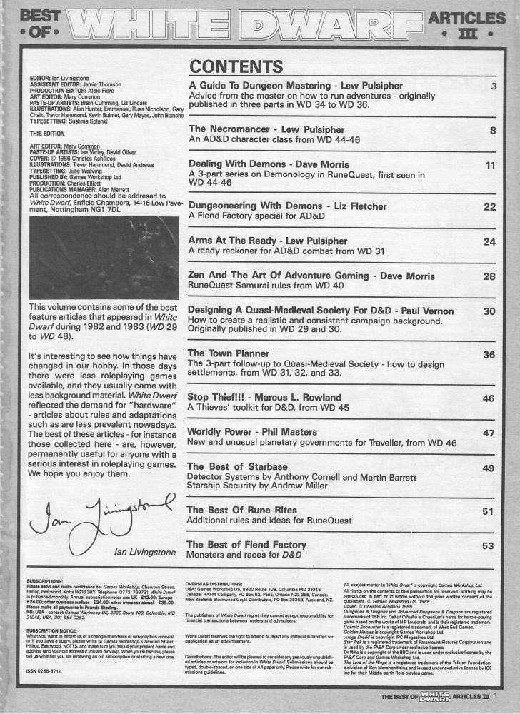 Contents of "Best of White Dwarf Articles III", including "A Guide to Dungeon Mastering" by Lew Pulsipher and "Designing a Quasi-Medieval Society for D&D" by Paul Vernon.