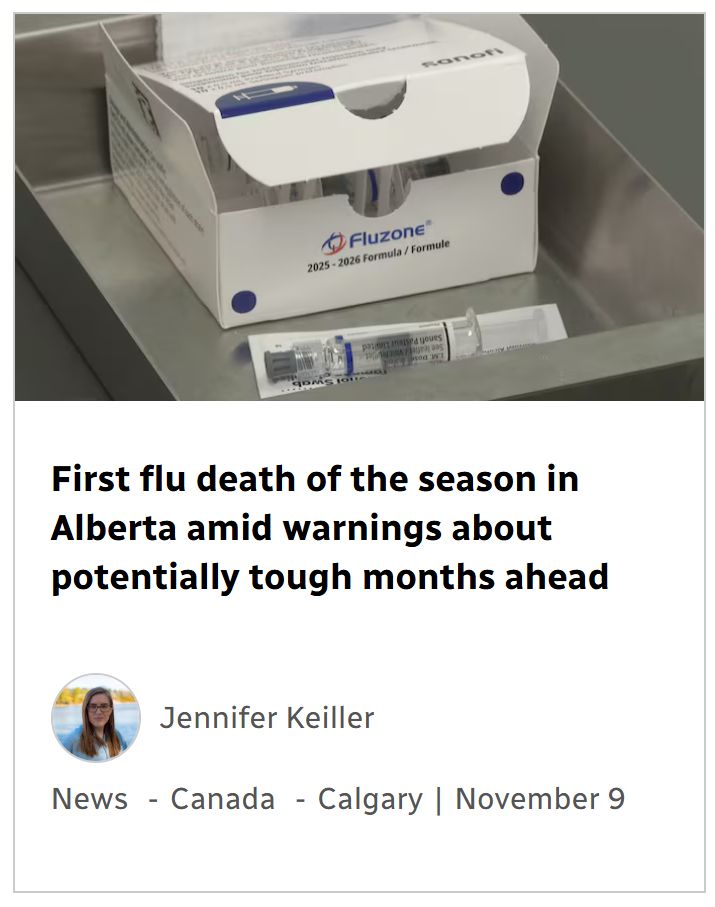 A screen captured headline "First flu death of the season in Alberta amid warnings about potentially touch months ahead.
Reporter: Jennifer Keiller
News - Canada - Calgary | November 9
"