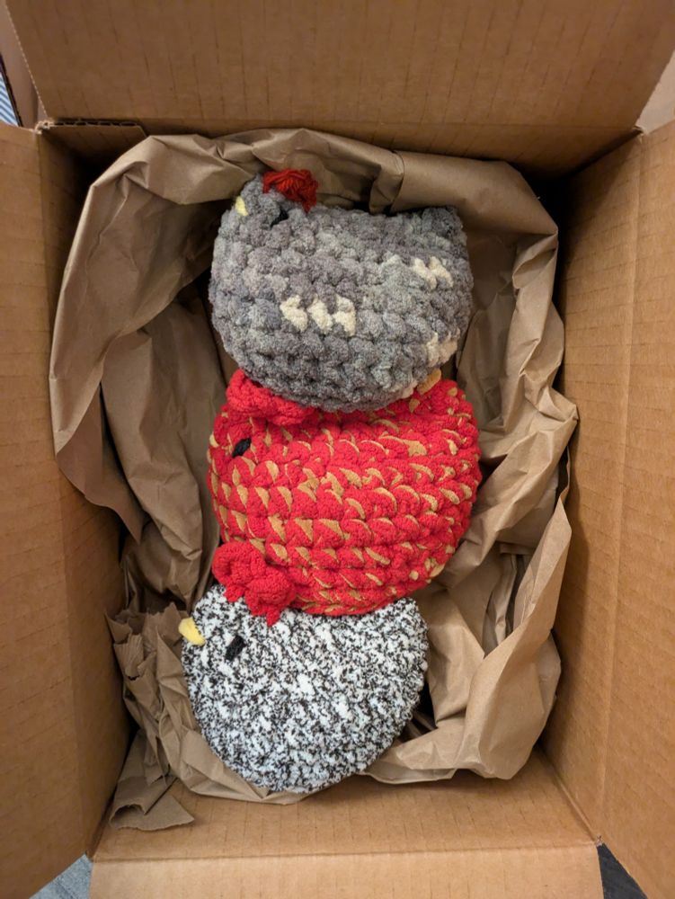A box containing brown paper and three crocheted chickens. The top is gray with flecks of white, the middle is red with flecks of tan, and the bottom is white with flecks of black. All three have yellow beaks, black eyes, and red combs.