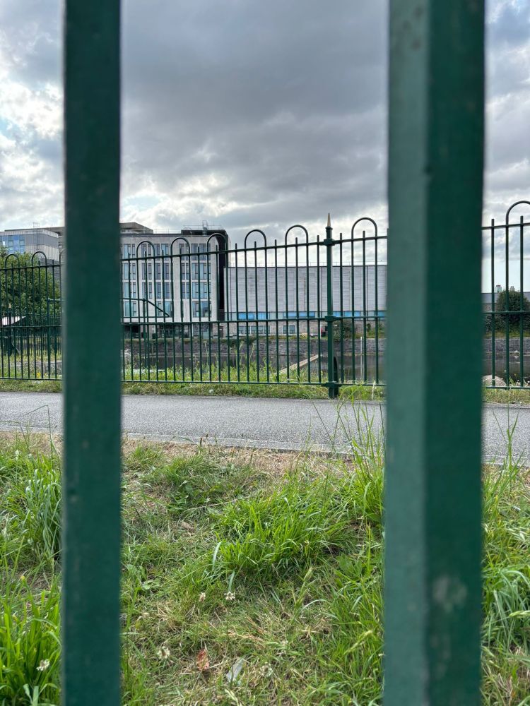 View, through two bars, of another - more ornate - iron fence guarding... some sort of building. It's not at all easy to say. 