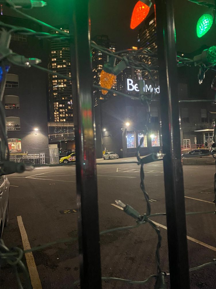 Inner-city scene, taken through bars. There appear to be coloured lights hanging from the bars. Behind them, we can see a couple of cars in motion, and the lights of a high-rise building - with a couple of smaller buildings, hard to make out in any detail.
