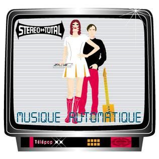 Front cover of Stereo Total's album, Musique Automatique. A cartoon drawing of the duo on a television