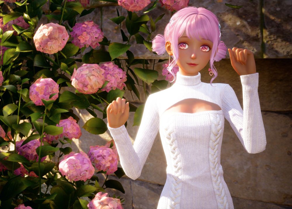 Infinity Nikki screencap: Nikki poses next to a stone wall with multiple pink flowers around her; she is wearing a fitted, long sleeve, white dress and pink space buns hairstyle.