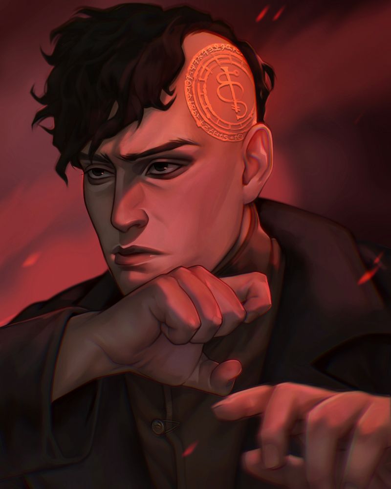 A portrait of Maxwell. His skin is light. His eyes dark. His hands are raised defensively. His hair is dark and curly, with a shaved section that displays a golden sigil tattooed on the side of his head. His eyes are narrowed.