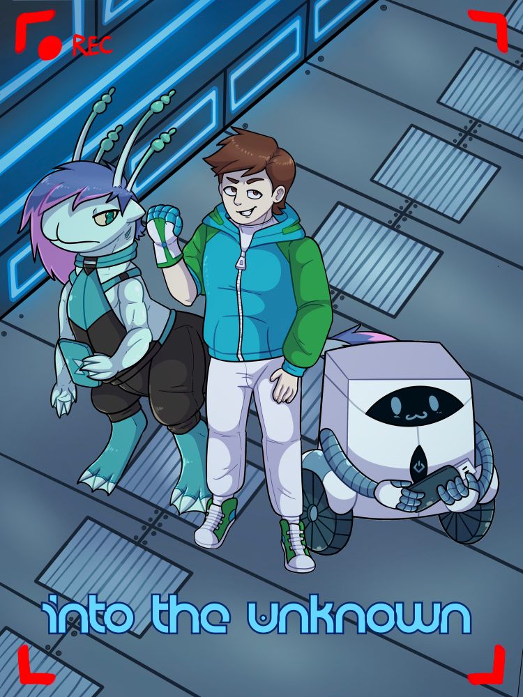 A graphic novel cover of the three main characters (Lucas, Violet and BUDD-1) depicted in a birds-eye-view perspective in the abandoned spaceship on an alien planet. There’s a title and the recording screen on the cover. Lucas is wearing a gauntlet, Violet  has xer phone and BUDD-1 is holding a shifting USB.