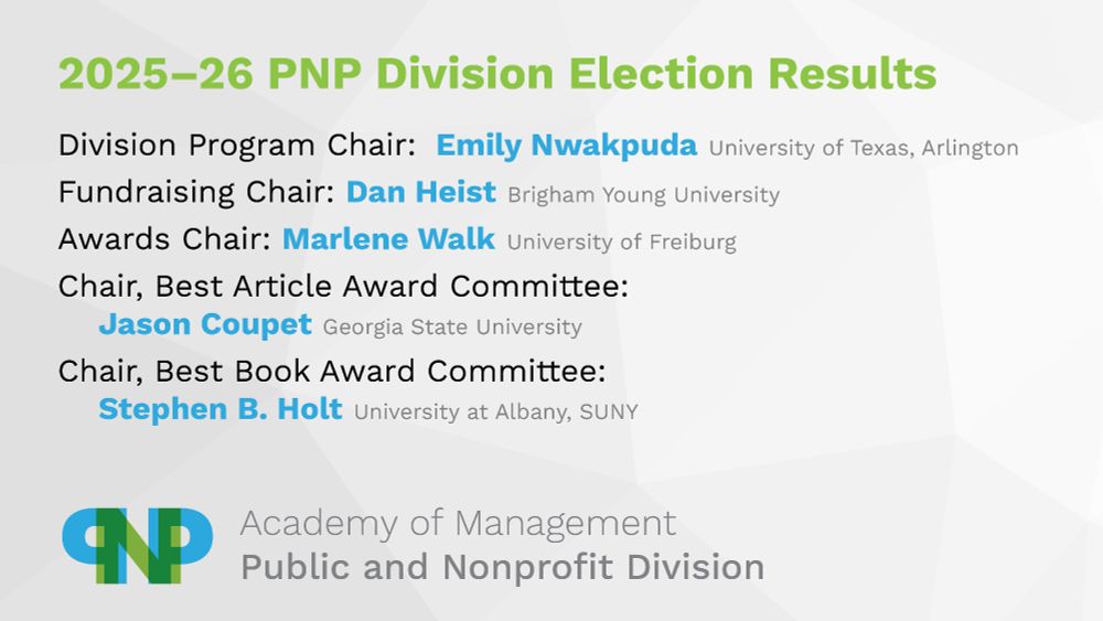 2025-26 PNP Division Election Results

Division Program Chair: **Emily Nwakpuda**, University of Texas, Arlington

Fundraising Chair: **Dan Heist**, Brigham Young University

Awards Chair: **Marlene Walk**, University of Freiburg

Chair, Best Article Award Committee: **Jason Coupet**, Georgia State University

Chair, Best Book Award Committee: **Stephen B. Holt**, University at Albany, SUNY