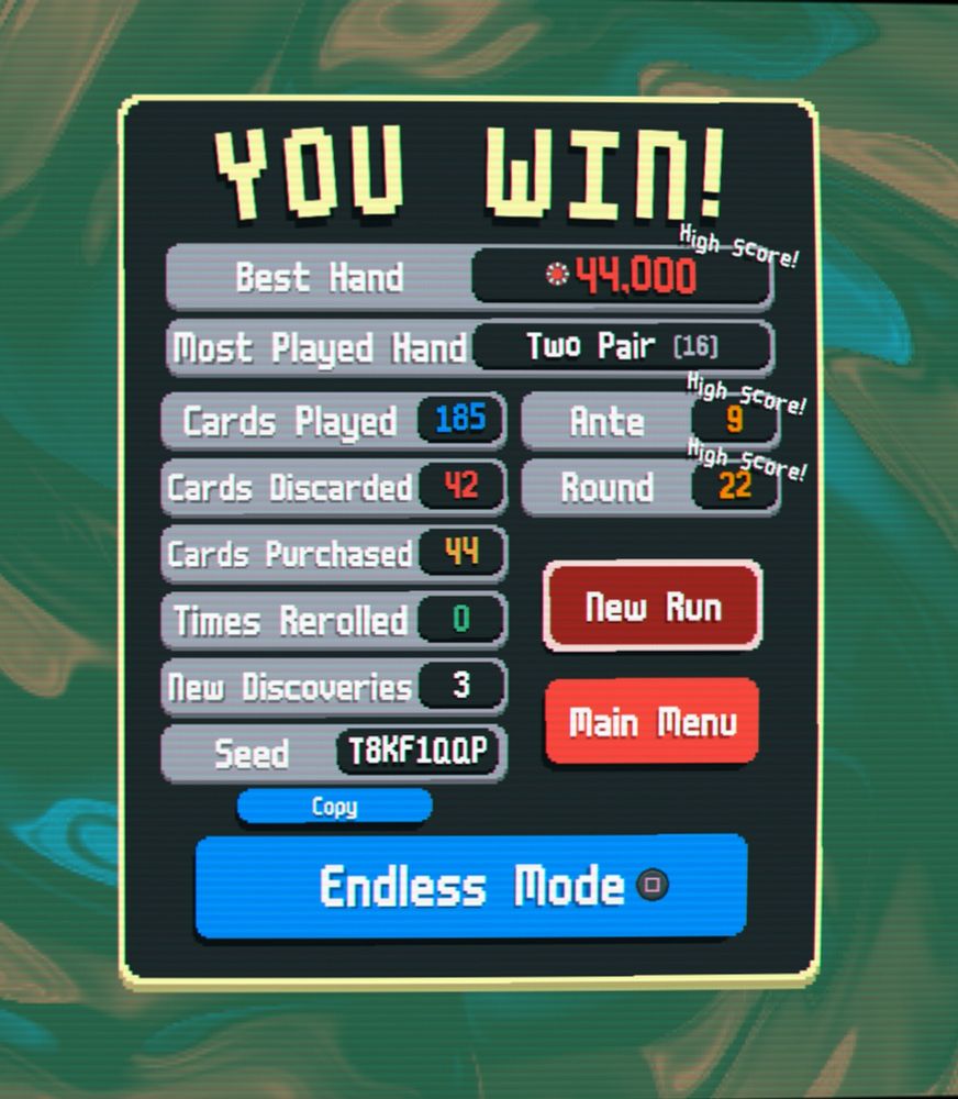 A screenshot of the "You Win!" screen from Balatro. 