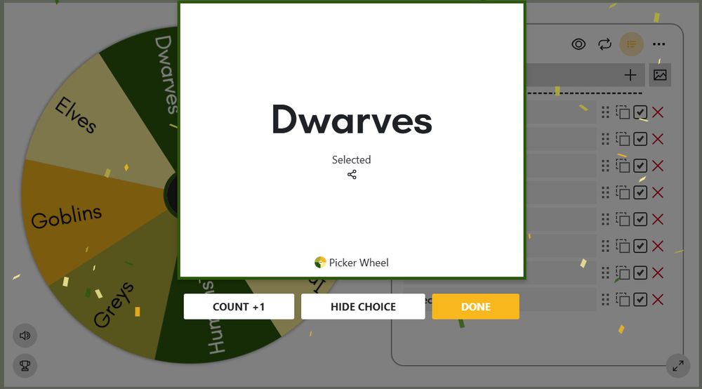 A pickerwheel.com screenshot showing the selection of "Dwarves."