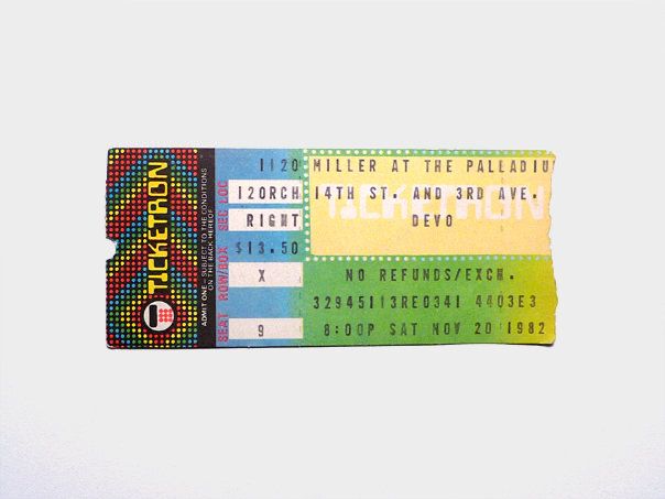 A colorful Ticketron ticket stub: Miller at the Palladium, 14th St. and 3rd Ave. Devo! No refunds. 8:00 PM, Saturday, November 20, 1982