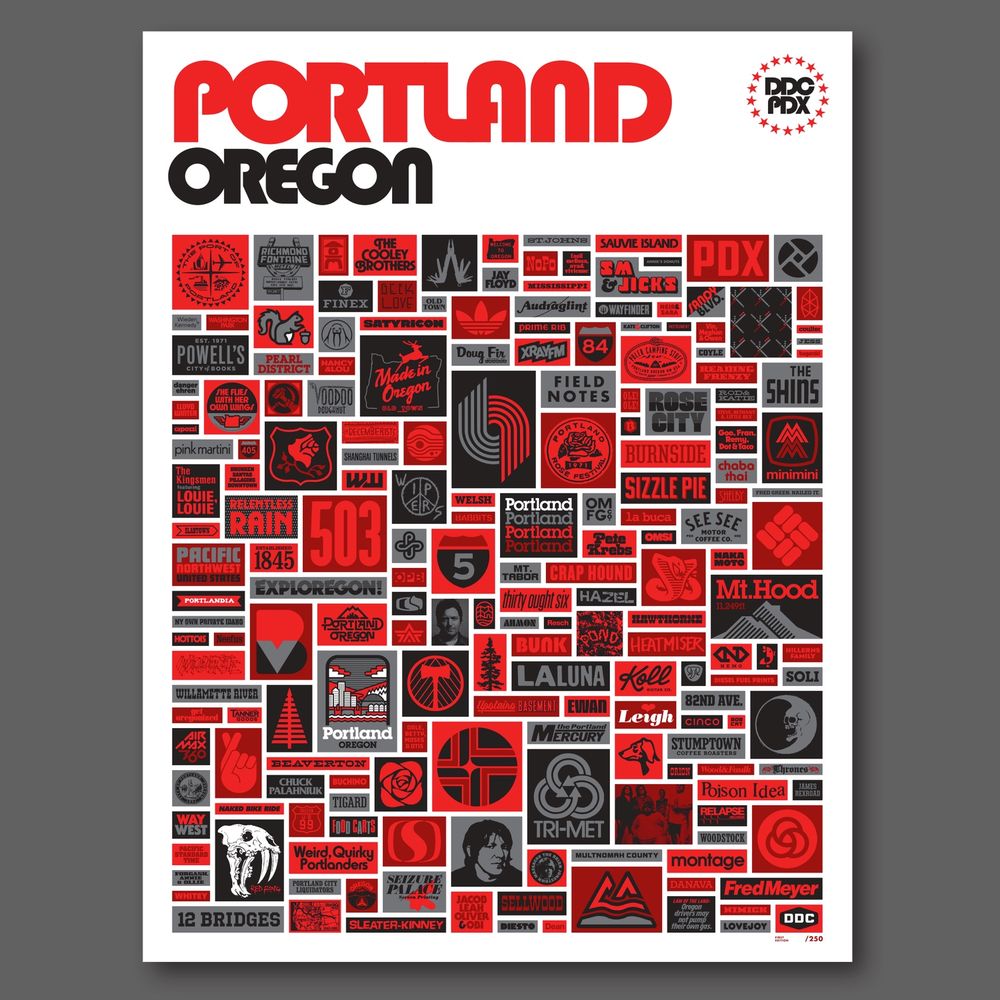 A screen printed poster in reds, black and grey featuring a grid of words and logos related to the city of Portland, Oregon.