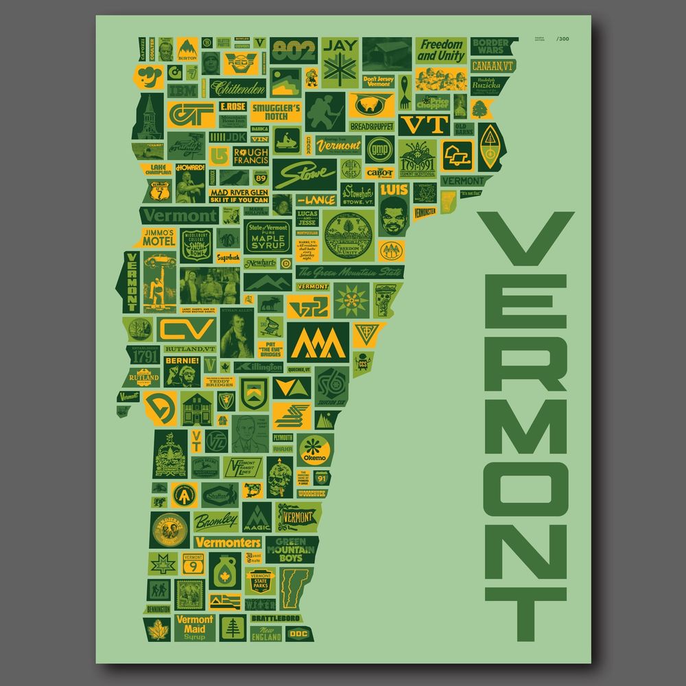 A screen printed poster in shades of green with yellow highlights, featuring a grid of words and logos related to, and in the shape of, the state of Vermont.