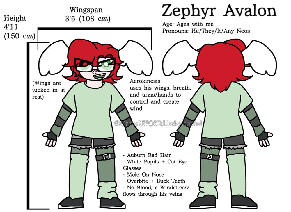 A reference sheet for my selfsona, who has auburn red hair, white head wings, cat eye glasses and green eyes with white pupils, a celadon green shirt layered over a dark olive green and dark grey striped long sleeve shirt, black fingerless gloves, dark grey shorts, dark olive green leggings, lopsided celadon green thigh high socks, a grey buckle leg band, and black slip on shoes