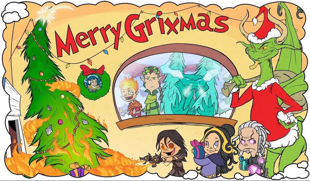 A Grixmas holiday greeting featuring Nicol Bolas and several other planeswalkers significant to his stories, illustrated in the style of Chuck Jones 