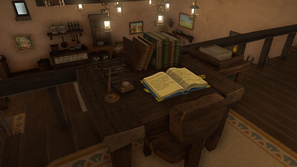 Tears of the Kingdom screenshot: Zelda's desk on the second floor of her house, with her diary in the middle, an inkwell and a quill on the left