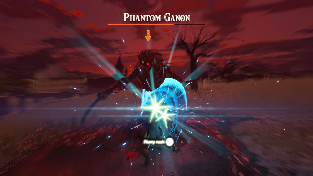 Tears of the Kingdom screenshot: Link performing a flurry rush attack against a wide-eyed Phantom Ganon