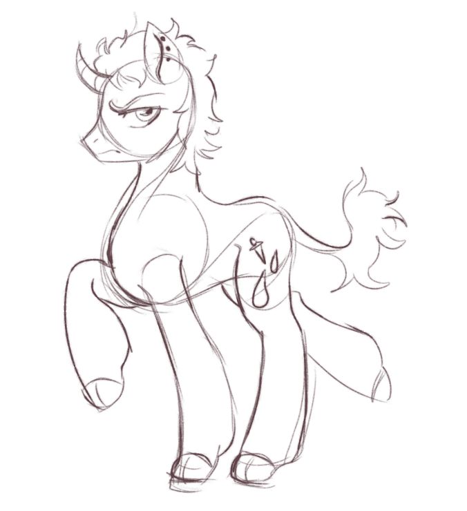 a rough sketch of a mlp g4-styled unicorn with a curved horn. the pony itself is a pony-ified version of dio brando from jjba.