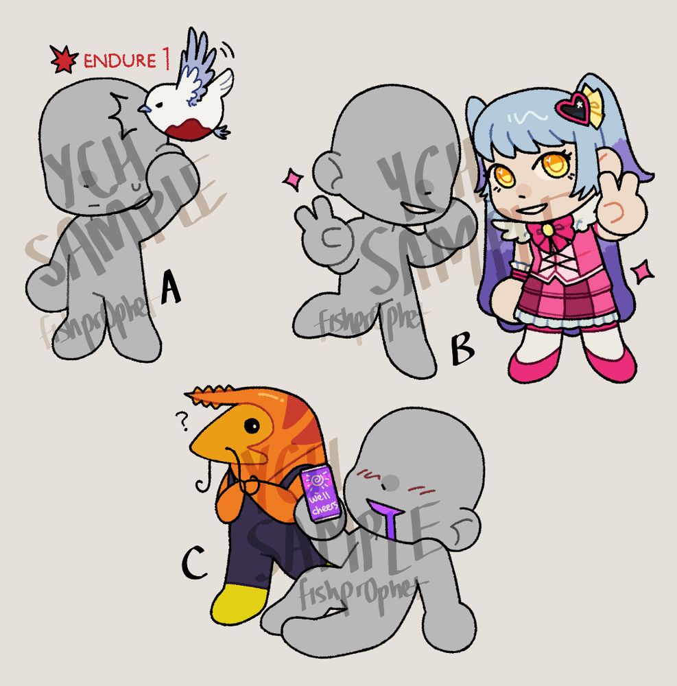 Three commission samples showing a featureless person interacting with Punishing Bird, the Queen of Hatred and Opened Can of Wellcheers respectively.