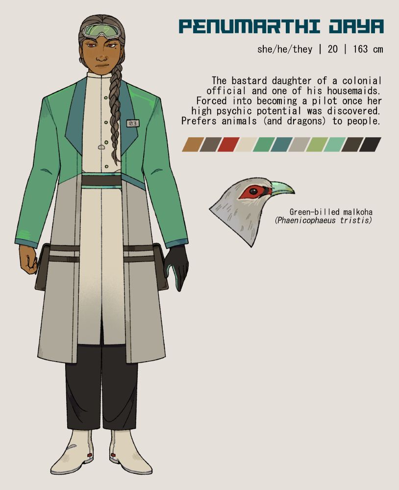 Reference for Penumarthi Jaya, a 20 year old person 163 cm tall who uses she/he/they pronouns. Jaya has brown skin and grey braided hair that reaches to just above his waist. He has a white undershirt with a high collar and light green buttons, held in place by a teal and dark grey belt. He has a teal and grey coat, dark grey trousers and white boots. There is a metallic nametag saying "03" worn over his chest. He wears a black and teal glove on his left hand.