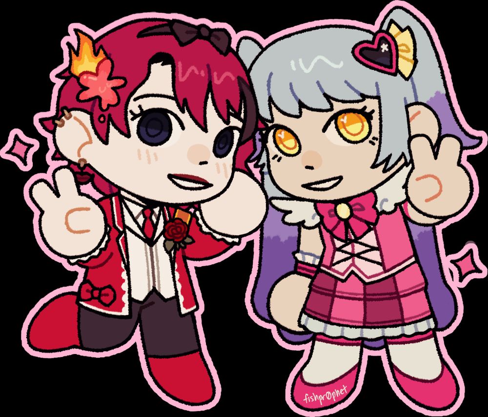 A Lobotomy Corporation agent posing in a cutesy manner with the Queen of Hatred, both of them doing peace signs.