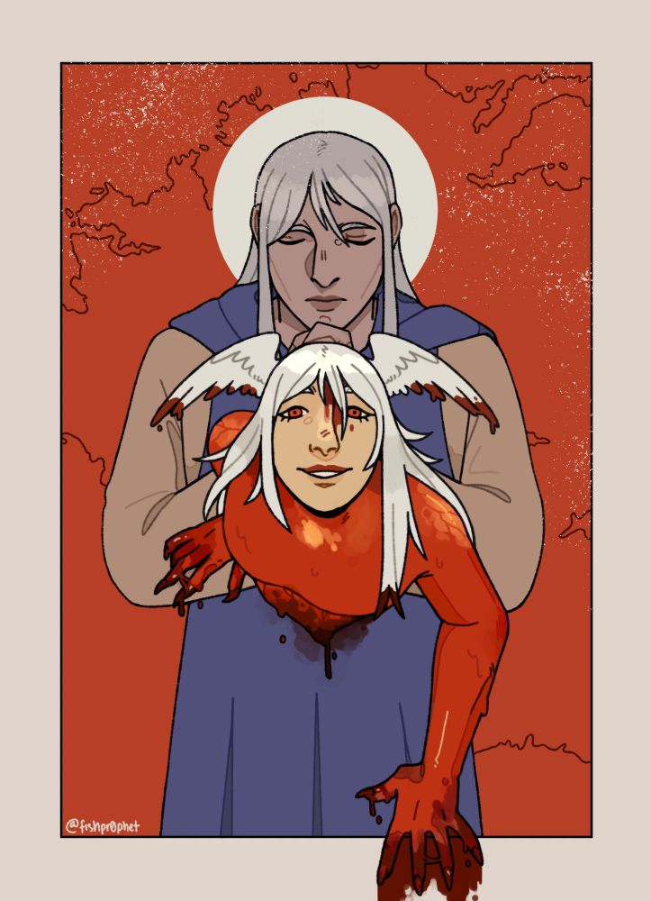 Final Fantasy Tactics fanart. Against the backdrop of a map of Ivalice, Saint Ajora (a man with long white hair and a muted blue and yellow tunic) prays with his eyes closed. Out of his chest crawls Ultima, a woman with long white hair, red eyes, and two small feathered wings on her head. Her body below her head is bright red and dripping with blood. She grins widely at the viewer.