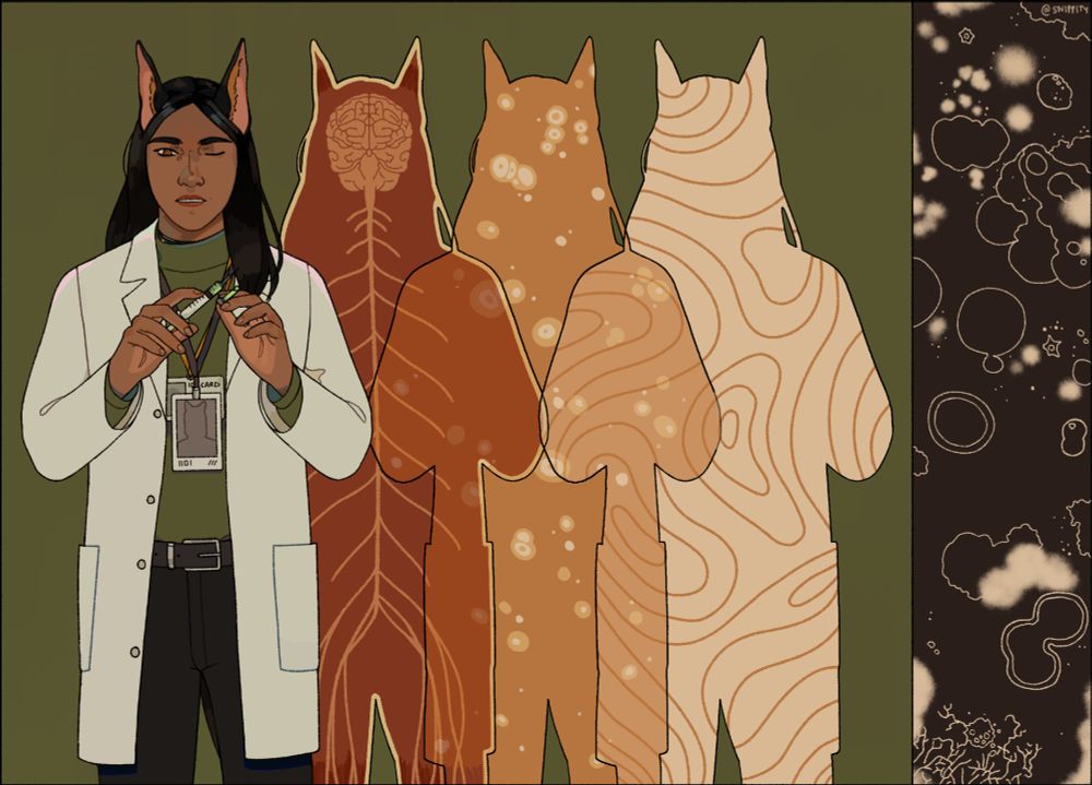 Drawing of a brown-skinned woman with canine ears and a tail in a lab coat, preparing a syringe for injection. Three silhouettes of her overlap each other, each showing a different abstract design. To the right is an illustration of a bacterial culture.
