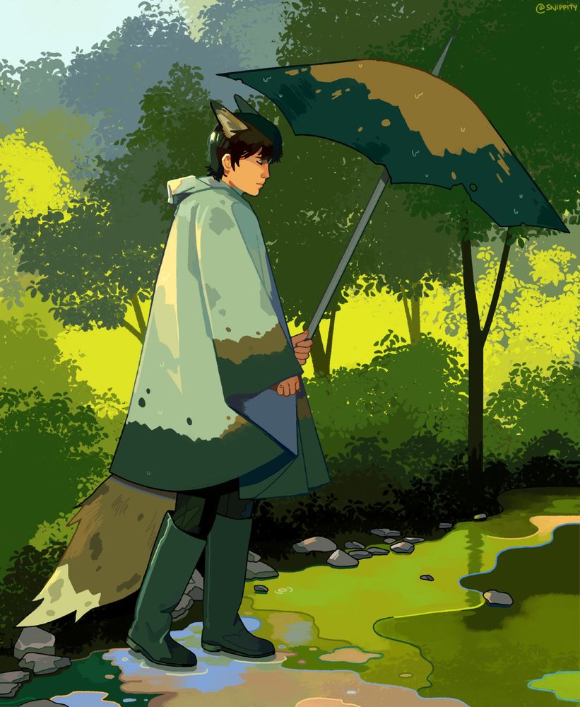 Digital art of Sunshower Yi Sang walking through a forest clearing.