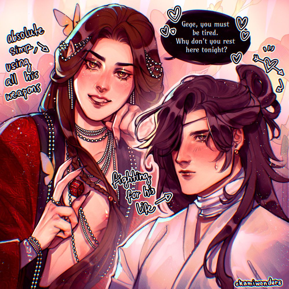 Role-reversal Hualian, Hua Cheng as the scrap-collecting god and Xie Lian as Crimson Rain Sought Flower. Xie Lian looks at us, his robes are partially open, revealing his chest. He says: "Gege, you must be tired. Why don't you rest here tonight?" Hua Cheng doesn't say anything, but he's blushing. 