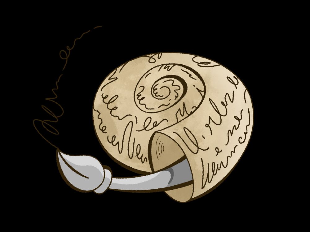 A swirling shell covered in writing, the creature's head shaped like a pen. 